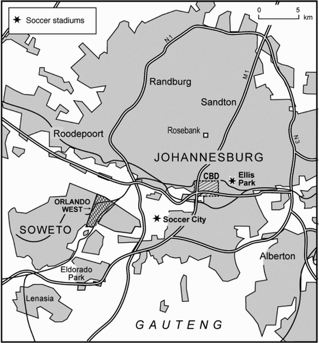 Figure 2: Location of Soweto in relation to the 2010 stadiums in Johannesburg