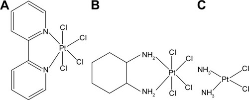 Figure 4 Structure of platinum(IV) complexes under investigation: (A) [PtCl4(bipy)], (B) [PtCl4(dach)] and (C) cis-[PtCl2(NH3)2].
