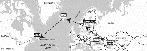 Figure 4. Putative geographic progression of gull virus genes that contributed to the genesis of the Eurasian H16N3 gull virus identified in Newfoundland, Canada.