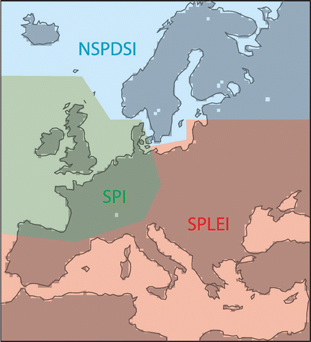 Figure 8. Schematic overview of Europe illustrating which drought indices is appropriate, based on the correlation patterns of Figs. 2, 5, and 6.