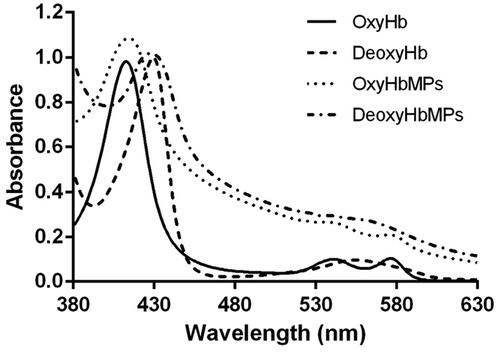 Figure 6. Absorption spectra of oxygenated Hb (OxyHb), deoxygenated Hb (DeoxyHb), oxygenated HbMP (OxyHbMP) and deoxygenated HbMP (DeoxyHbMP). A shift towards higher absorption of HbMP is a result of light scattering.