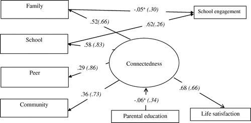 Figure 2. Path model of connectedness, life satisfaction and school engagement across ethnic groups.