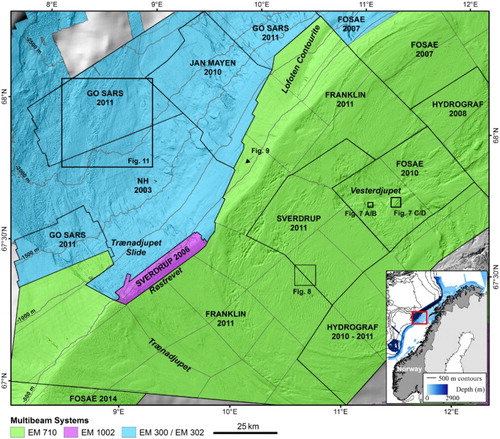 Figure 1. Map of Nordland VI showing the extent of multibeam echosounder surveys (outlined by black polygons), along with information on which research vessel (in capital letters) and year the different surveys were acquired. Also shown are geographic names and figure locations referred to in the text.