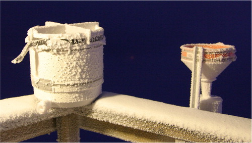 Fig. 2  Bucket sampler for solid precipitation (left) and funnel sampler for liquid precipitation (right).