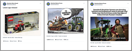 Figure 3. Pro-Ukraine memes presenting a version of the “Ukraine Agricultural Division” memetic element as a Lego set (left), a political cartoon (central), and using the “But It’s Honest Work” textual layer as an additional memetic element (right).