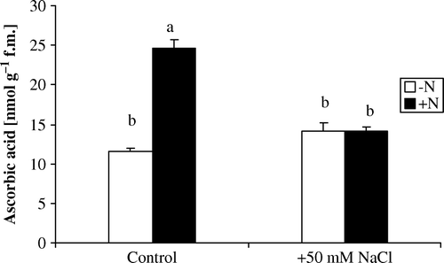 Figure 2.  Changes in ascorbic acid content in Azolla plants exposed to 50 mM NaCl for 10 days in absence of nitrate (−N) or in its presence (+N). Each value is the mean±S.E. of five replicates. Different letters indicate significant differences (P<0.05) between treatments as evaluated by Duncan's multiple comparison test.