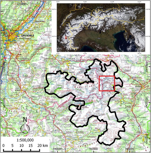 Figure 1. Overview map presenting the position of the study site (red rectangle) in ‘Écrins’ national park (solid black line). Background map: IGN ©SCANREGIONAL. Inset: location (red marker) of the study site in the European Alps. Background Image: ©NASA.