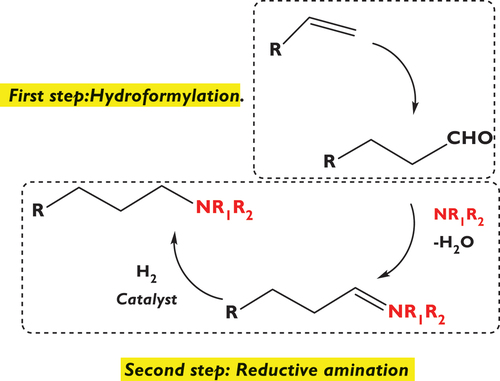 Figure 30. Schematic representation of the one-pot synthesis of amines from the tandem hydroformylation/reductive amination reaction.
