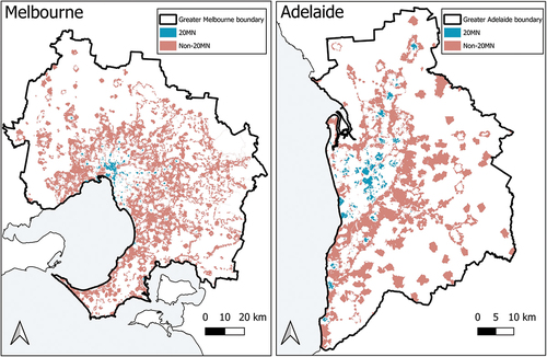 Figure 1. Spatial distribution of 20-minute neighbourhoods (20MNs) and non-20-minute neighbourhoods (non-20MNs) in Melbourne and Adelaide.