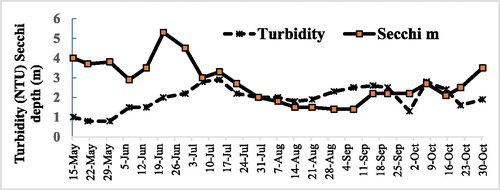 Figure 8. Hatchery. Variation in turbidity and water clarity (Secchi depth) for May–October 1994, the first full year of operation.