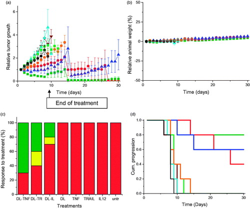 Figure 3. (a) Tumor growth studies in a PC-3 xenograft model after intravenous administration of DAB-Lf dendriplex encoding TNFα (▪, green), TRAIL (•, red), IL-12 (▲, blue) (50 µg DNA/injection), DAB-Lf (▼, brown), naked DNA encoding TNFα (▪, pale green), naked DNA encoding TRAIL (•, orange), naked DNA encoding IL-12 (▲, cyan), untreated tumors (•, back) (n = 5). (b) Variations of the animal body weight throughout the treatment (Color coding as in a) (n = 5). (c) Overall tumor response to treatments at the end of the study, classified in accordance with the Response Evaluation Criteria in Solid Tumors (RECIST) (Eisenauer et al., Citation2009) (red: progressive response, orange: stable response, yellow: partial response, green: complete response) (n = 5). (d) Time to disease progression. The Y axis gives the proportion of surviving animals over time. Animals were removed from the study once their tumor reached 10 mm diameter (Color coding as in a) (n = 5).