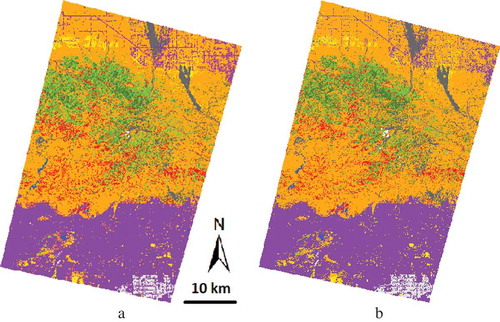 Figure 10. Comparison between the overlay area of (a) Path41/Row36 Landsat and (b) Path40/Row36 Landsat for the 2002 classification. The agreement (i.e., the percentage of the pixels that are classified as the same land cover) between the land-cover classes was 88.4%.