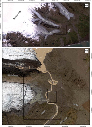 Figure 2. Satellite images showing the location of Skálafellsjökull and locations mentioned in the text. (a) Landsat 7 ETM+ scene (captured on 7 August 2006) displayed as a natural colour image (bands 3, 2 and 1). The box marks the location of (b). (b) Multispectral satellite image from the WorldView-2 sensor, European Space Imaging (June 2012). The boxes marked A and B show the areas that have been mapped using UAV-captured imagery, whilst the box marked C shows the area covered by the 1:3750 scale geomorphological maps. Scale and orientation are given by the Eastings and Northings. Projection: WGS 1984/UTM Zone 28N (ESPG: 32628).