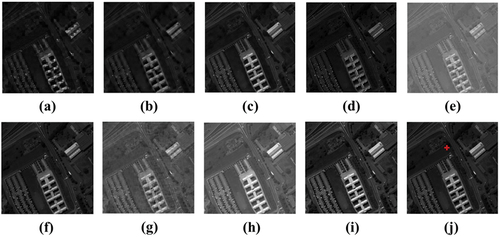 Figure 8. Grayscale display comparison of the 30th band of the reconstruction results on the Pavia University data. Methods: (a) SFIM, (b) GLPHS, (c) GSA, (d) CNMF, (e) FUSE, (f) HySure, (g) CSTF, (h) uSDN, (i) LCNet, (j) Reference image.