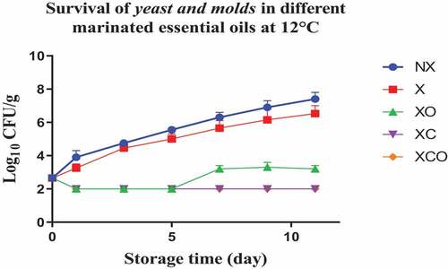 Figure 10. Population increase of yeast and molds (log10 CFU/g ± SEM) in different marinated essential oils samples after storage for 0, 1, 3, 5, 7, 9, and 11 days at 12°C. NX-Non marinated, X- Marinated, XO- Marinated +Oregano oil, XC- Marinated +Citrox, XCO- Marinated + Citrox+ Oregano oil.