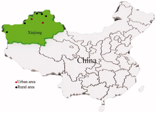 Figure 1. Survey sites in Xinjiang Northwest China by urban and rural region.