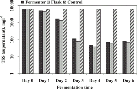 Figure 3. Total suspended solids (TSS) in supernatant of treated sludge recorded in fermenter and shake flask.