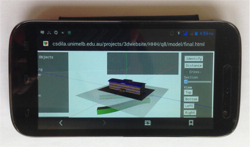 Figure 4. A snapshot of the prototype on a mobile platform. Although several browsers support WebGL on desktop devices, Blackberry and Android systems currently support WebGL on mobile devices.