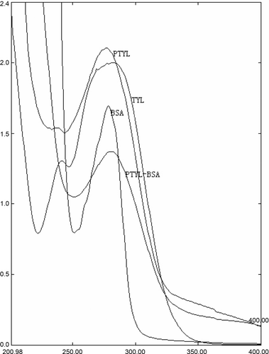 Figure 3. UV absorbance spectra of tylosin, tylosin hapten, BSA and the immunnogen.