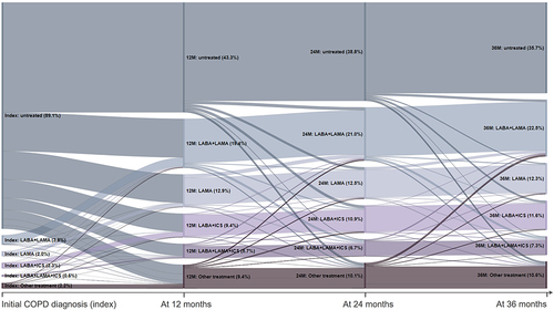 Figure 4 Treatment cascades observed after incident COPD diagnosis in a sample of patients with a follow-up of 36 months (n=3,804).