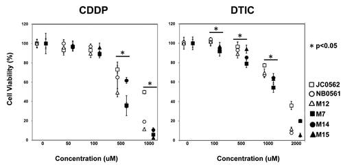 Figure 6. Chemosensitivity of melanoma lines for DTIC or CDDP treatment. Variable cell number after 24hrs treatments with DTIC (0 to 2mM) or CDDP (0 to 1mM) was evaluated with cell proliferation assay. Three closed and 3 open markers represent REG1A mRNA higher melanoma lines and lower lines, respectively. Luminescence intensity of each control (DMSO alone) defined as 100%. Error bar shows standard deviation of 3 cell lines. *p < 0.05 (REG1A mRNA higher melanoma lines vs lower lines).