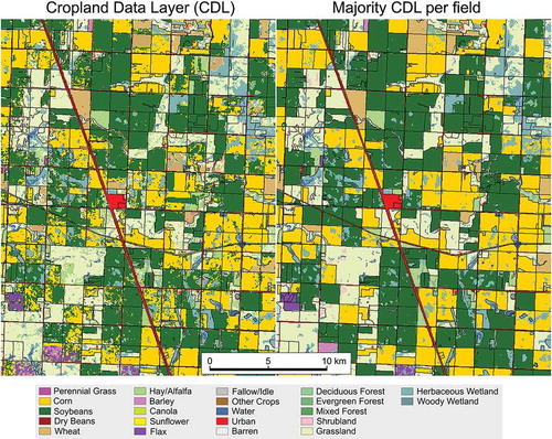 Figure 3. The crop type (from CDL) that composed the majority of a given field (from CLU) was assigned to all agricultural pixels within that field. Water, wetland, and urban pixels within a given field were maintained.