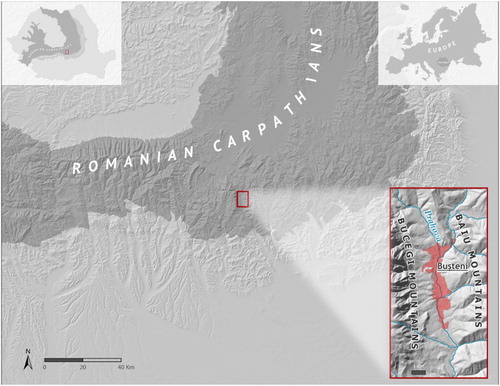 Figure 1. The study area for Bușteni town, Upper Prahova Valley, Romanian Carpathians.