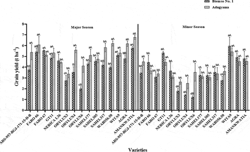 Figure 2. Grain yield performance of improved varieties at the study locations for two cropping seasons. .