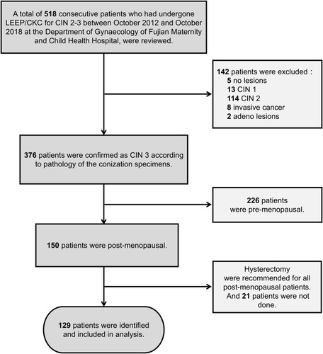 Figure 1 Flow chart of post-menopausal patients underwent hysterectomy for cervical intraepithelial neoplasia grade 3 in the study.