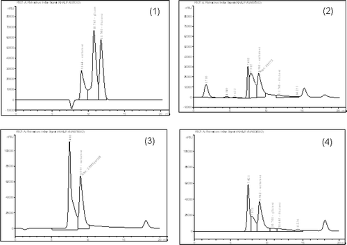 Figure 7.  High-performance liquid chromatography of starch hydrolysate produced during serial time of incubation (0, 15, 30, 45 and 60 min) by Bidhi (2, 3, 4, 5, 6) and Kahli (7, 8, 9, 10, 11) amylase. Standard (1): saccharose, glucose and fructose.