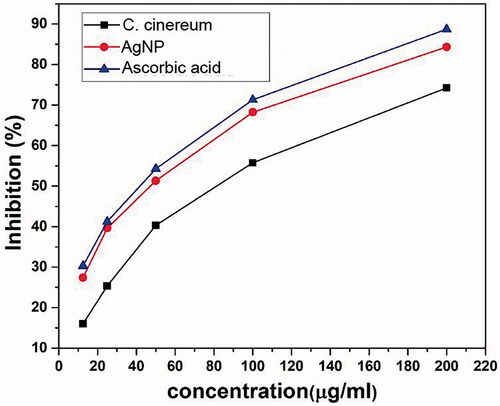 Figure 8. Dose-dependent antioxidant potentials of C. cinereum and AgNP assessed by the DPPH assay.