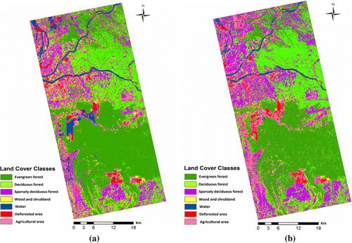 Figure 8.  (a) Freeman–Durden three component-based land use map and (b) Yamaguchi four component-based land use map (MLC).