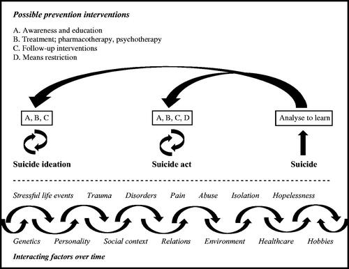 FIGURE 1. Illustration of the suicide process from ideation to act and examples of possible suicide prevention interventions, after Targets and methods of suicide prevention, Mann, J. et al. (Citation2021).