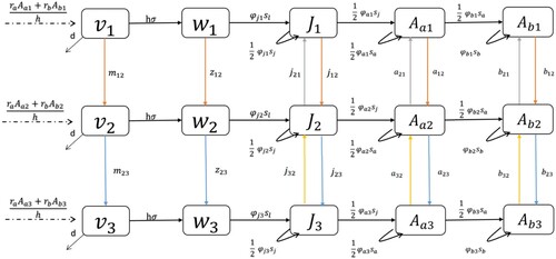 Figure 2. The three patch model with two-way movement. Without the j21, j32, a21, a32, b21, and b32 arrows, it is the one-way movement model.