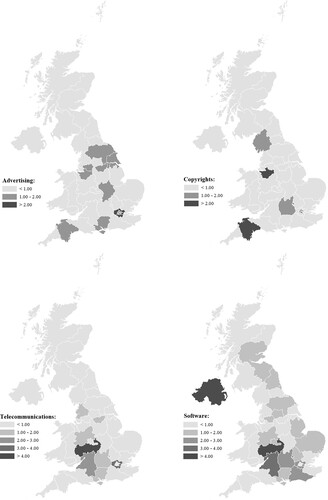 Figure 4. UK regions revealed comparative advantage (RCA) in exports of creative services, 2011–17.Note: Statistics are elaborated using data from the Inquiry in International Trade in Services (ITIS) database.