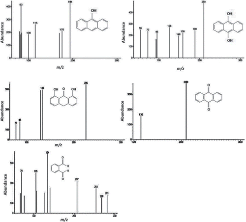 Figure S4. Mass spectra of subproducts resulting from the photocatalytic degradation of anthracene in aqueous solution.