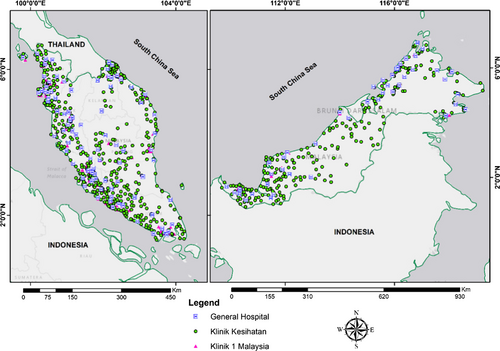 Fig. 4 Public hospitals and primary health care clinics’ locations in Malaysia by geographic regions for 2018