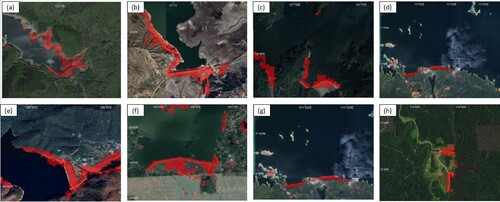 Figure 11. Large dam candidate areas: (a) Ayanan Dam in Miyazaki Prefecture, Japan, (b) Huangjiang Dam in North Korea, (c) A Dam in the city of On Ate, Philippines, (d) Batang Ai Dam in Sarawak, Malaysia, (e) Changheung Dam in South Korea, (f) Krongbuk Dam in Vietnam, (g) Serita Dam, northeast of Singapore, and (h) Upper Dudong River Dam, Dudong District, Brunei.