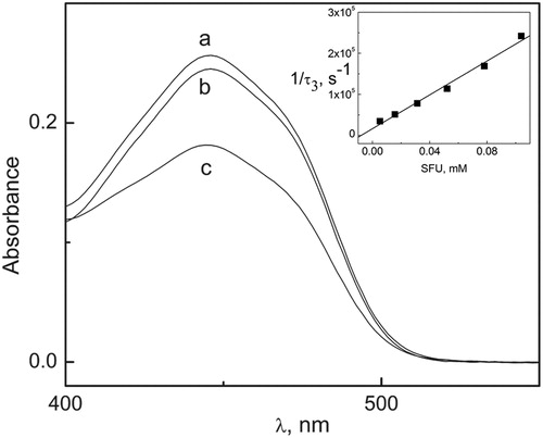 Figure 4. Evolution of the 445 nm band of Rf in MeOH–H2O (1:1, v/v) (deareated) upon irradiation with visible light. (a) Rf (0.02 mM) not irradiated, (b) Rf (0.2 mM) + SFU (0.05 mM) irradiated for 6 minutes, (c) Rf (0.02 mM) irradiated for 6 minutes. Inset: Sterrn–Volmer plot for the quenching of Rf triplet state by SFU in argon-saturated solutions of MeOH–H2O 1:1 (v/v).
