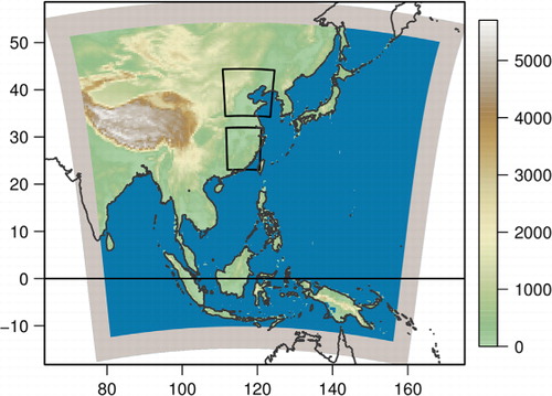 Fig. 2 Orography [m a.m.s.l.] for the East Asia domain in 0,44°resolution. The grey frame indicates the sponge zone. Two subdomains (North—Haihe, South—Poyang) are highlighted by boxes.