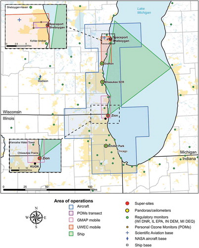 Figure 1. Overview map showing spatial coverage of LMOS 2017. Green and dark blue polygons indicate ship and aircraft operations areas, respectively. Enhanced monitoring sites at Sheboygan, WI (north) and Zion, IL (south) are mapped in more detail with insets. KUGN station is Waukegan Airport. Source: Wisconsin Department of Natural Resources (WDNR)