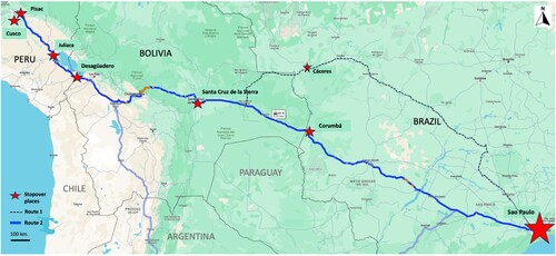 Figure 2. Area of study: trade mobilities between Cusco (Peru) and São Paulo (Brazil). Source: Figure composition and legend placement: Yvonne Riaño. Map data: Google ©2024, www.google.com/maps/place/Corumb%C3%A1,+Mato+Grosso+do+Sul,+Brasilien/@-17.588986,-58.8300045,6z/data=!4m6!3m5!1s0x9387a076798e7565:0x5e7c4a2bdbaeab6!8m2!3d-19.0051788!4d-57.6527913!16zL20vMDRyczdf?entry=ttu.