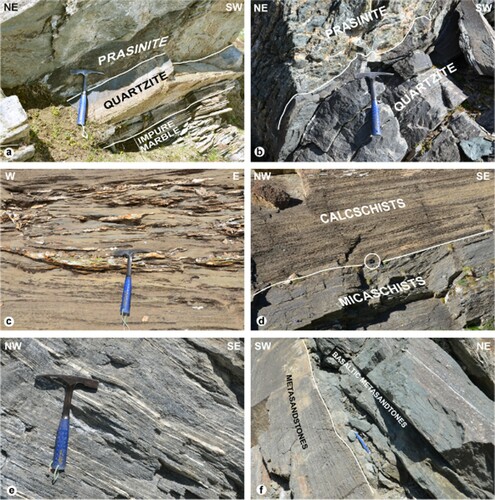 Figure 4. Outcropping features of the Broillot Unit. (a) Preserved stratigraphic succession with ophiolitic basement, consisting of prasinite, and its sedimentary cover. The stratigraphic polarity of the outcrop is reverse. (b) Quartzite, interpretable as the metamorphic correspondent of original radiolarites, (c) impure marble and (d) calcschists alternated with micaschists of the Taveronnaz Schist Formation. The succession continues upward with (e) the fine-grained metasandstones of Cret Schist Formation, characterized by (f) diffuse intercalations of detrital prasinites consisting of basaltic metasandstones.