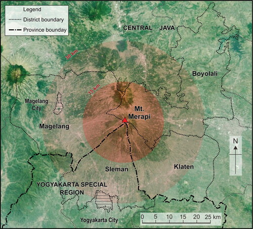 Figure 2 Provincial and district administrative boundaries traversing Mount Merapi.