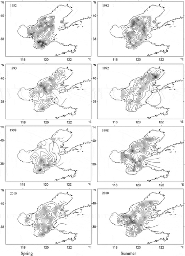 FIGURE 7. Fish species distribution (number of species/km2) in the Bohai Sea, 1959–2010.