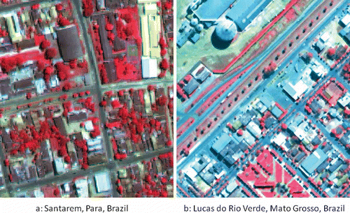 Figure 4. False-color composites from QuickBird images showing the complexity of impervious surface distribution in Santarém and Lucas.