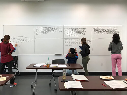 CalArts students at the whiteboard in Homsey’s course.