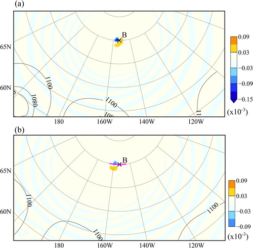 Fig. 9. Relative sensitivities of the surface pressure at point B at 0000 UTC of day 9 (see Fig. 3a) to the ρ field at the surface level at (a) 1200 UTC and (b) 0000 UTC of day 8 (shaded in colour, ×10–3). Black contours show the surface pressures at 1200 UTC and 0000 UTC of day 8 in (a) and (b), respectively.