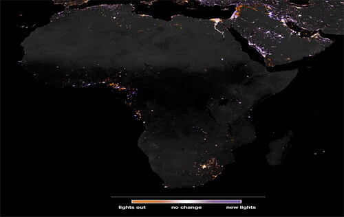Figure 1. Light concentration and patterns on a geographical basis in Africa.Source: NOAA's National Geophysical Data Center, with author’s additional remarks.