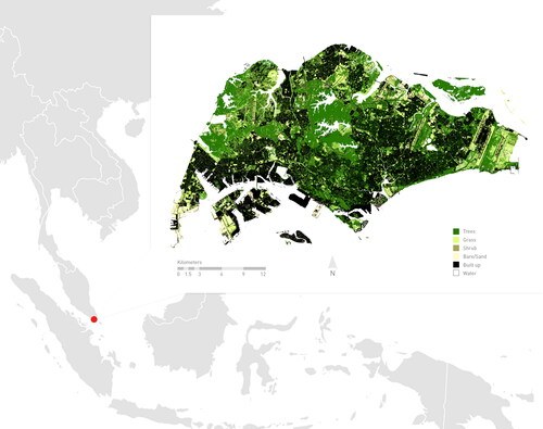 Figure 2. Map of the island city-state of Singapore, located south of the Malayan Peninsula. The land cover map shows 6 land cover classes based on Dissegna et al. (Citation2019).